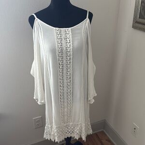 Cute Options ivory lace trim cold shoulder gauze cotton dress Sz M-L